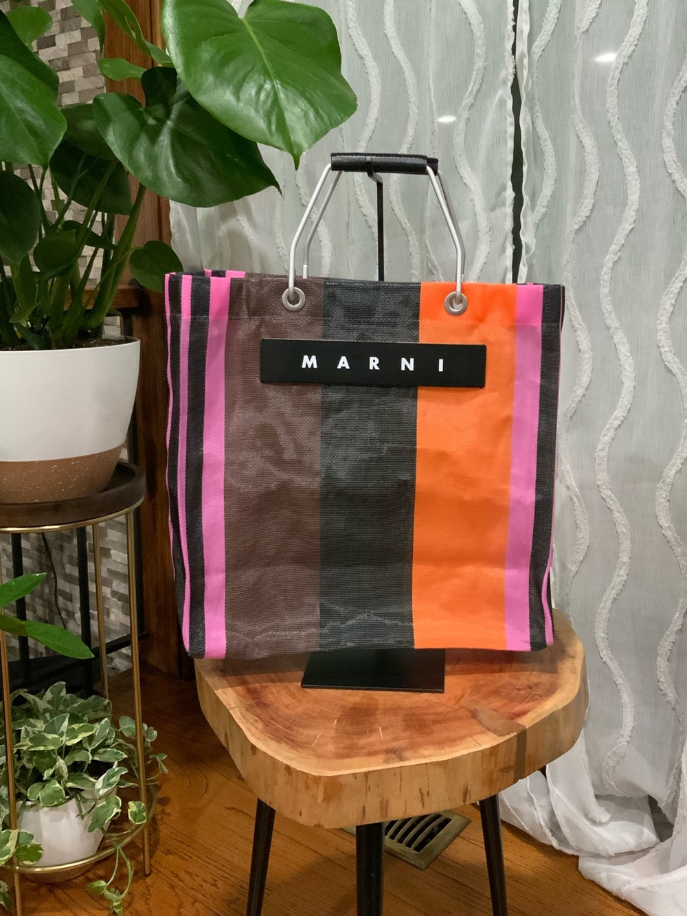 Marni Colorblock Vertical Stripe Tote in Orange, Pink & Black